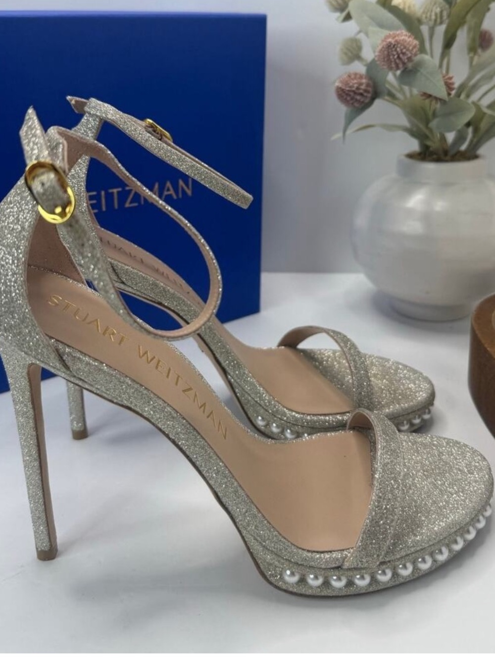 Stuart Weitzman Silver Glitter Pearl-Trim High Heel Sandals 8 B - Picture 7 of 9